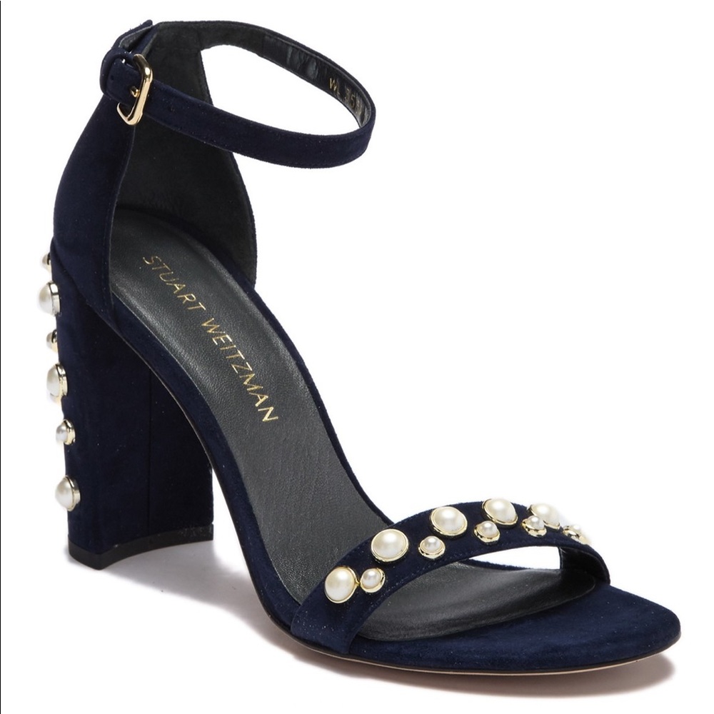 Sz 4 Stuart Weitzman More Pearls Blue Suede Heels - Picture 2 of 8